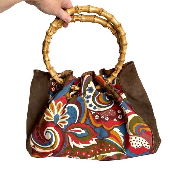 Prague Brown Suede Floral Bamboo handle Purse - Picture 2 of 5